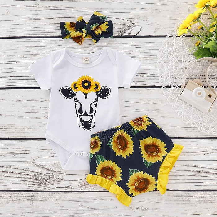 Lovely Sunflower Print Bodysuit and PP Shorts Set