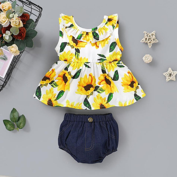 Sunflower Print Sleeveless Top and Denim Shorts Set