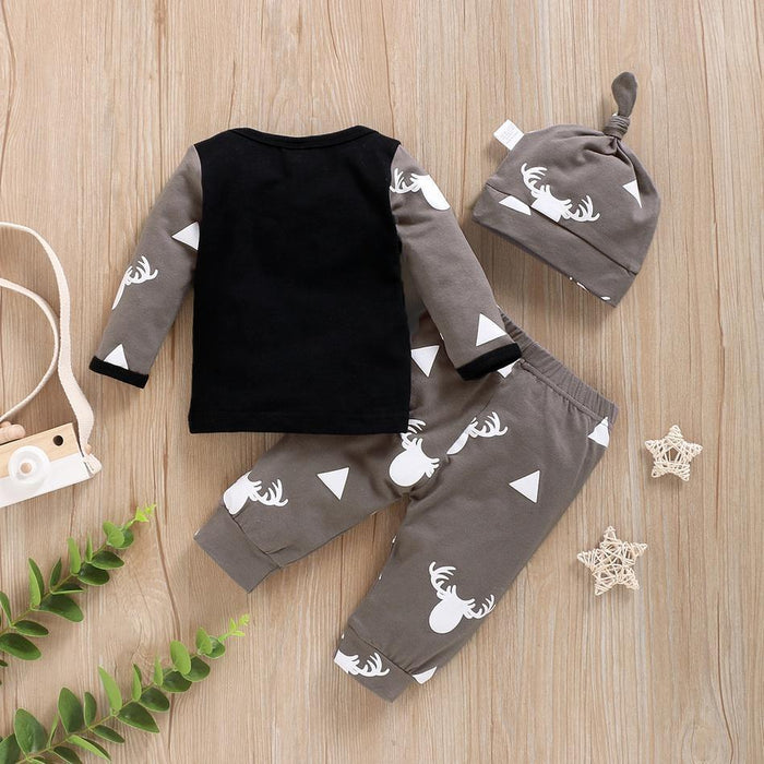 3-piece Elk Triangle Patterned Long Sleeve Top, Bottom and Hat Set for Baby