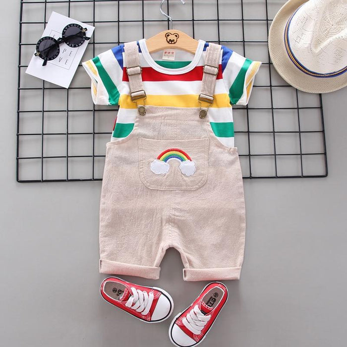 Baby Casual Rainbow Striped Print Top and Overalls Set
