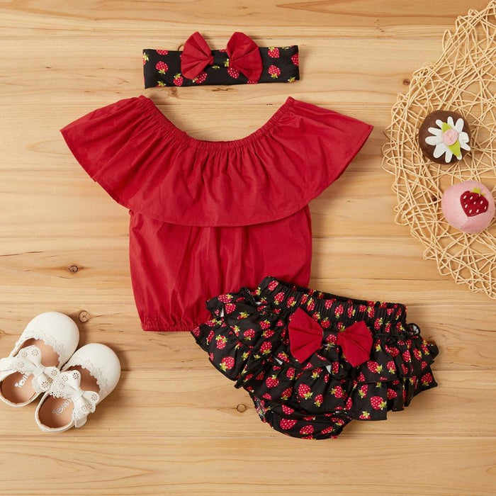 Baby Girl Sweet Solid Top and Strawberry Allover Shorts with Headband