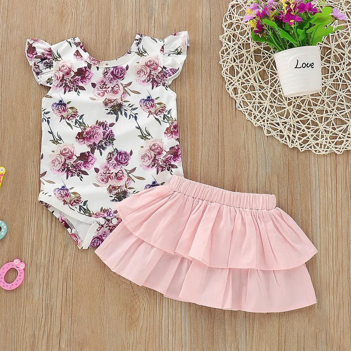 Baby Girl's Flower Allover Bodysuit and Solid Tiered Skirt