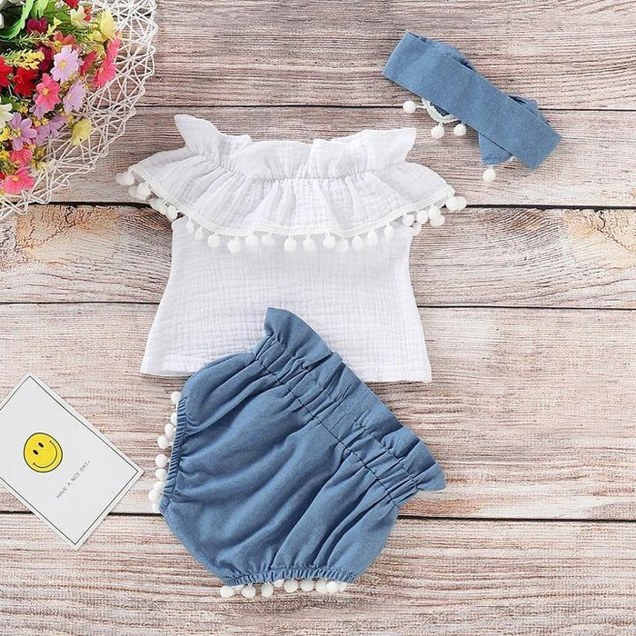 Solid Top with Denim Shorts and Headband Set