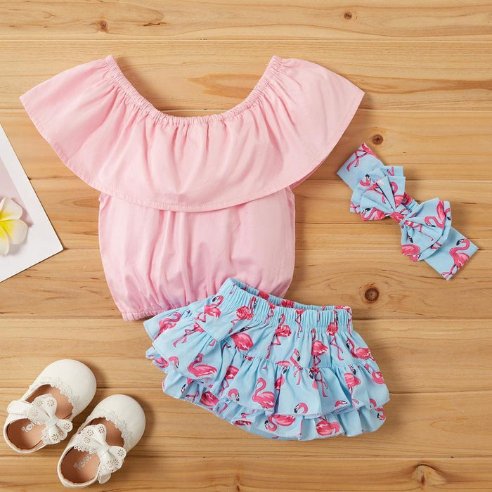 Baby Girl Sweet Solid Top and Flamingo Shorts Set with Headband