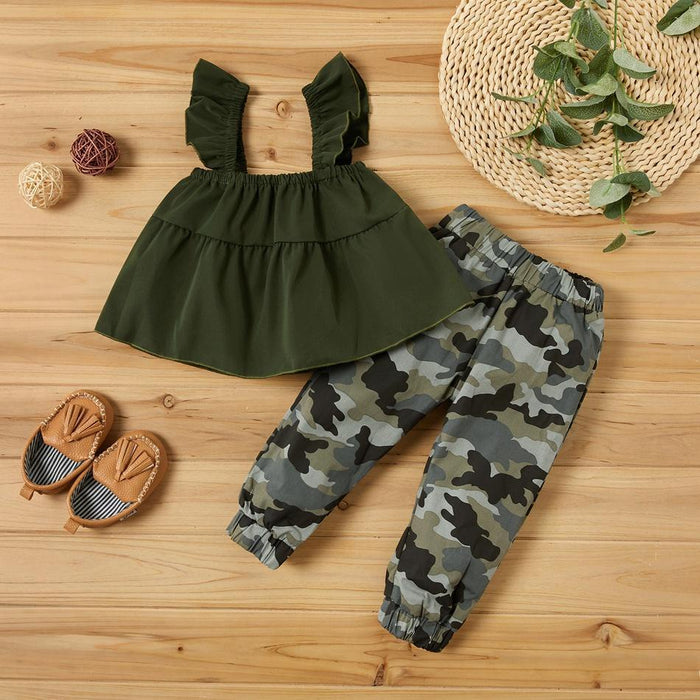 Baby Girl Solid Tank Top and Camouflage Pants Set (No Shoes )