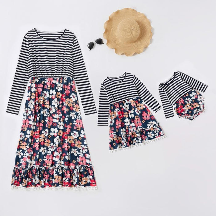 Mommy and Me Stripe Stitching Floral Print Long-sleeve Round-neck Long Dresses