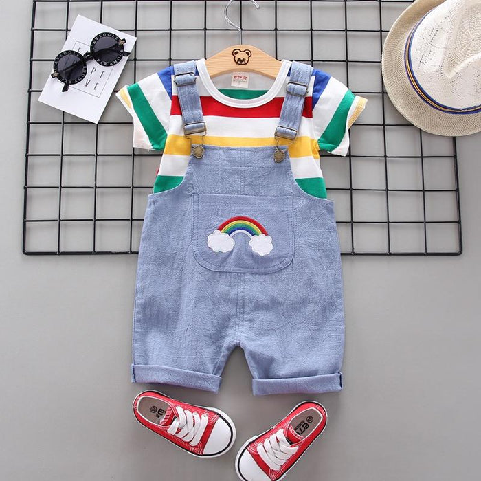 Conjunto casual de mono y top con estampado de rayas de arcoíris para bebé