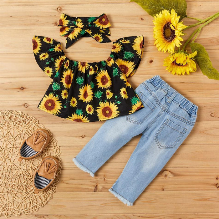 3-piece Sunflower Print Short-sleeve Top and Jeans Set
