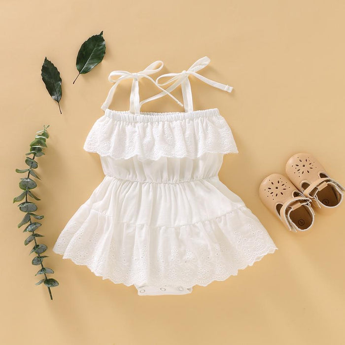 Baby Girl Solid Lace Design Hollow Strappy Sleeveless Romper