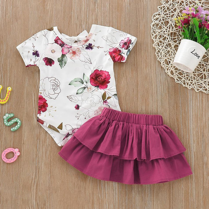Baby Girl's Flower Allover Bodysuit and Solid Tiered Skirt