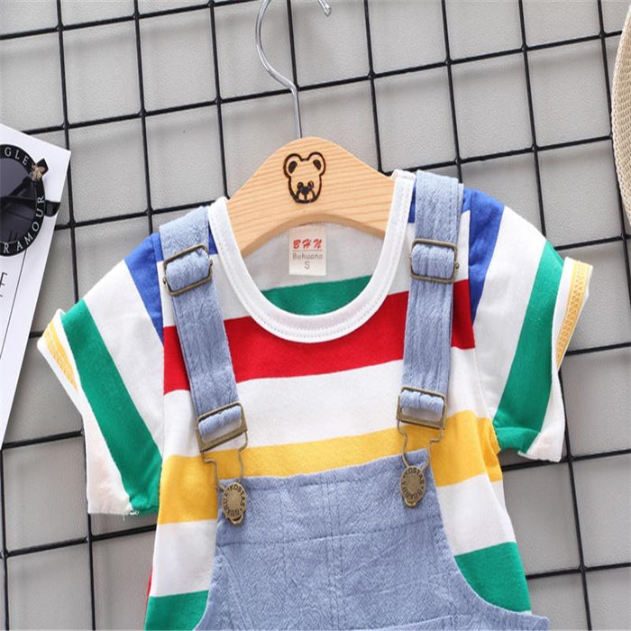 Baby Casual Rainbow Striped Print Top and Overalls Set