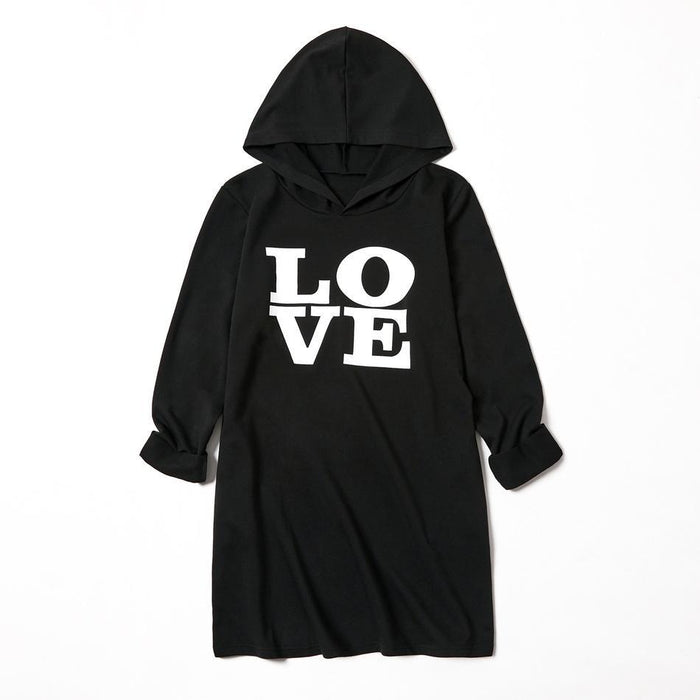 Love Print Black Long Sleeve Hooded Sweatshirts Dresses for Mom and Me