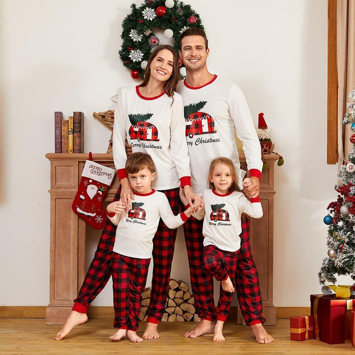 Merry Christmas Plaid Car Carrying Christmas Tree Family Matching Pajamas Set