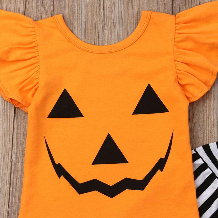Baby / Toddler Halloween Flutter-sleeve Pumpkin Top and Striped Bellbottom Pants Set