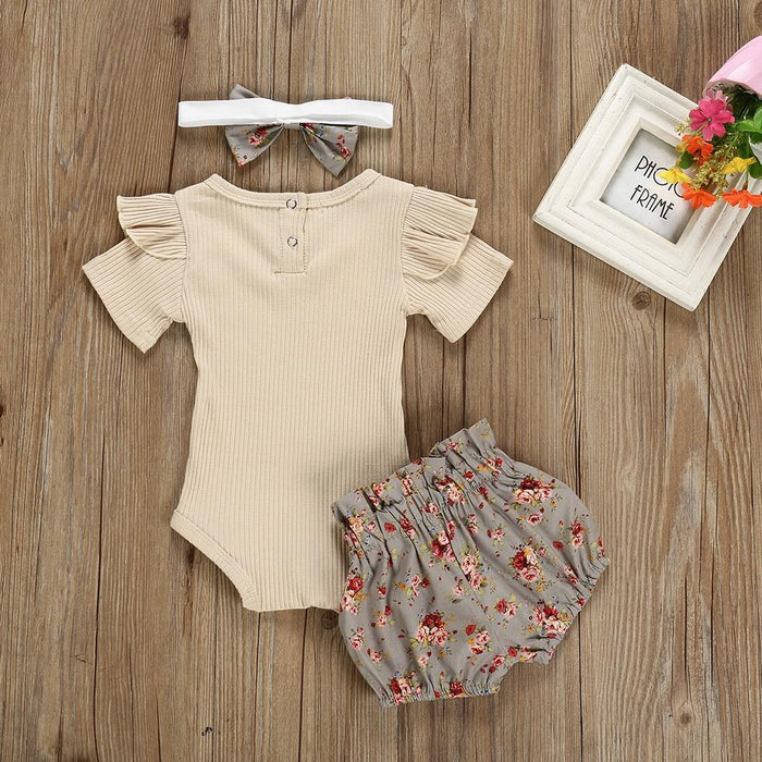 Conjunto de body con volantes y hombros sólidos para bebé/niño pequeño de 3 piezas y pantalones cortos florales con diadema
