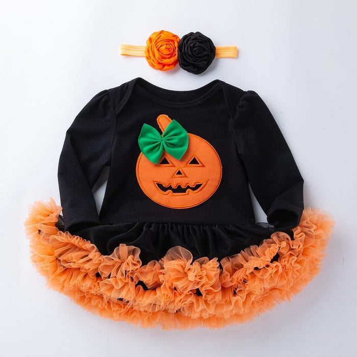 Baby Girl Halloween Trick or Treat Style Pumpkin Embroidery Long-sleeve Romper and Headband