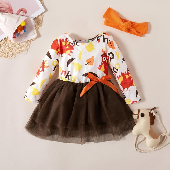 2-piece Baby / Toddler Thanksgiving Day Tulle Long-sleeve Dress and Bow Headband Set