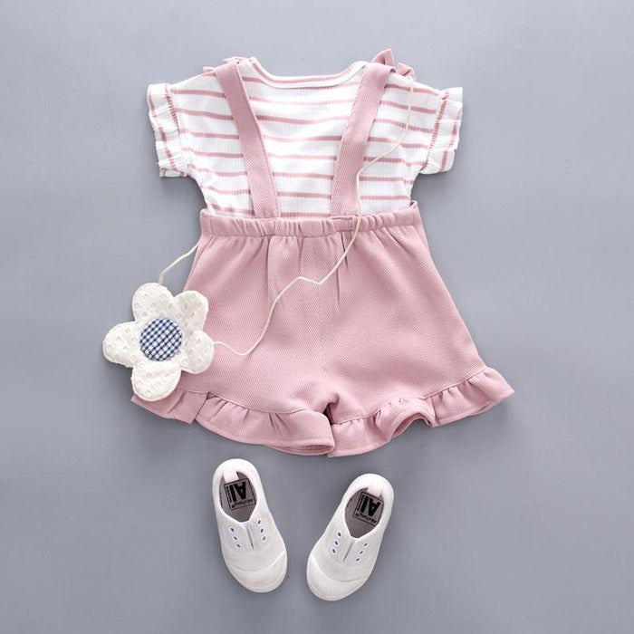 2-piece Cute Striped Top and Ruffle-cuffs Overalls for Baby Girl