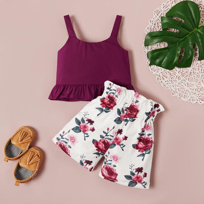 Baby Girl Solid Tank Top and Flower Allover Shorts Set