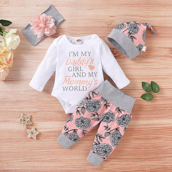 Conjunto de body y pantalón de manga larga con estampado floral para bebé niña de 4 piezas con gorro y diadema