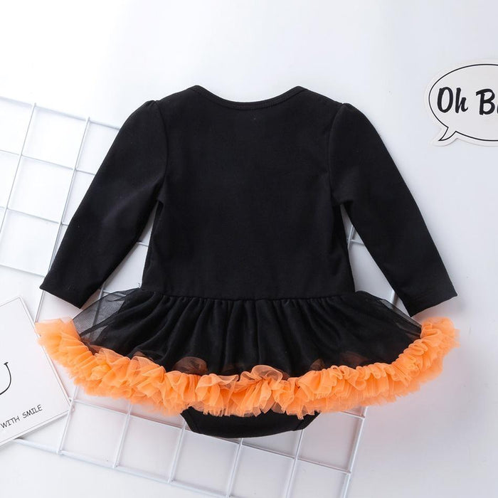 Baby Girl Halloween Trick or Treat Style Pumpkin Embroidery Long-sleeve Romper and Headband