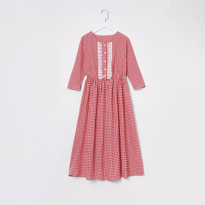 Mommy and Me Plaid Stitching Little Floral Print Lace Decor Long-sleeve Dresses