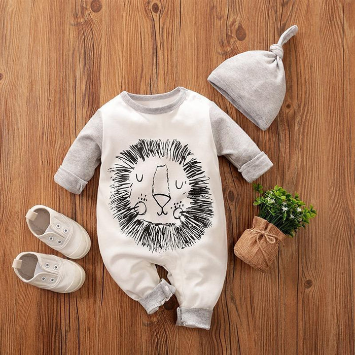 Baby Lion Print Jumpsuit and Hat