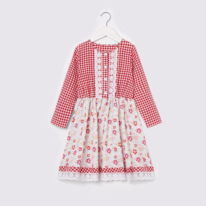 Mommy and Me Plaid Stitching Little Floral Print Lace Decor Long-sleeve Dresses