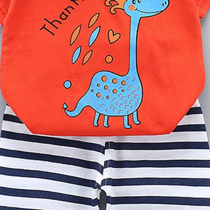 Dinosaur Print Short-sleeve Top and Striped Pants Set