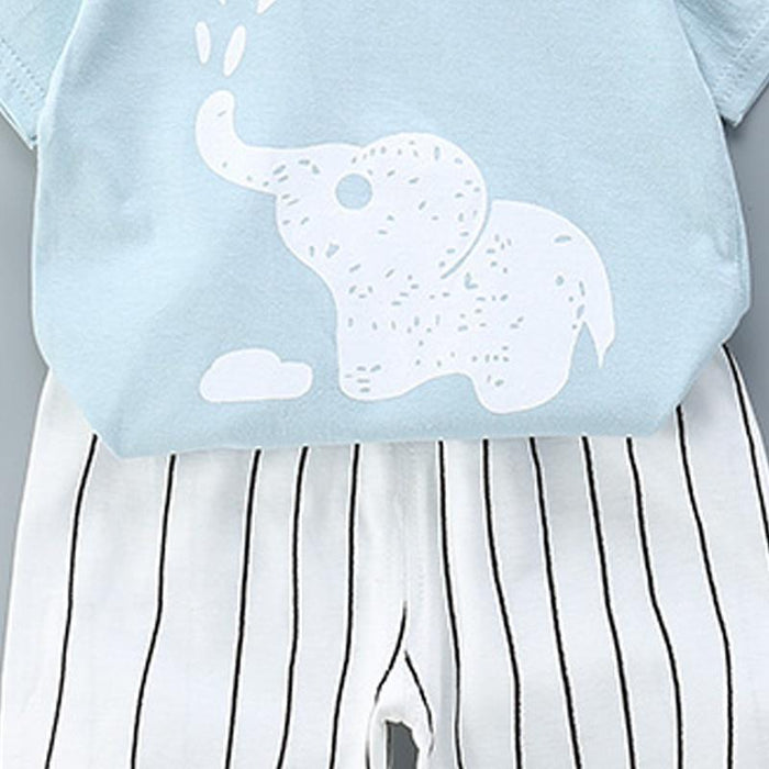 Elephant Print Short-sleeve Tee and Striped Pants Set