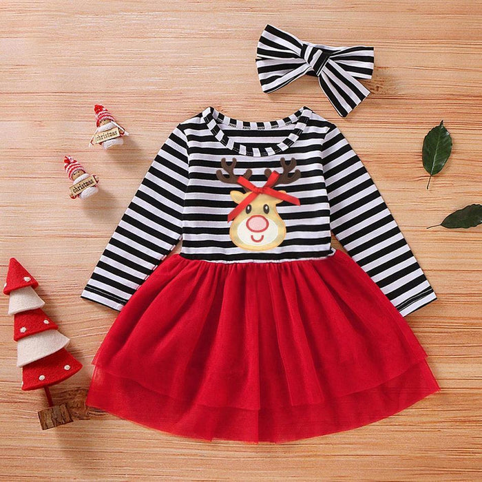 Vestido y diadema con empalme de tiras de alce navideño para bebés y niños pequeños de 2 piezas