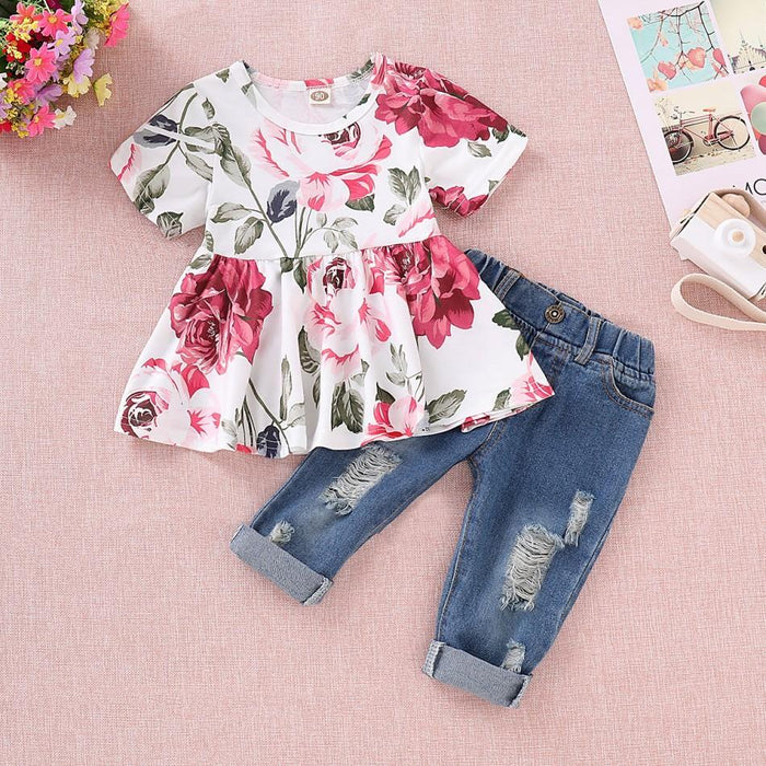 Fresh Floral Short-sleeve Top and Jeans Set