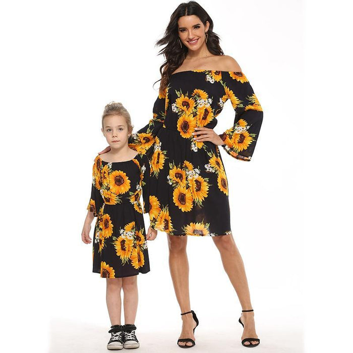 One Shoulder Sunflower Print Matching Dresses