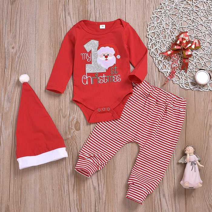 3-piece Baby MY 1ST CHRISTMAS Embroidery Bodysuit and Striped Pants with Hat Set
