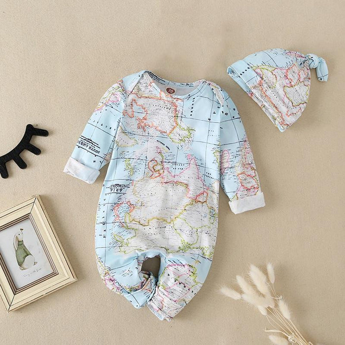 Mono de manga larga con estampado de mapas de algodón para bebé de 2 piezas, Diadema