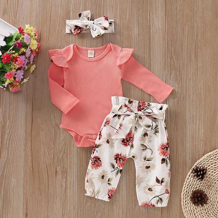 Solid Bodysuit and Allover Pants with Headband Set For Baby
