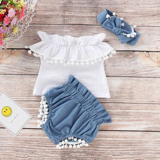 Solid Top with Denim Shorts and Headband Set
