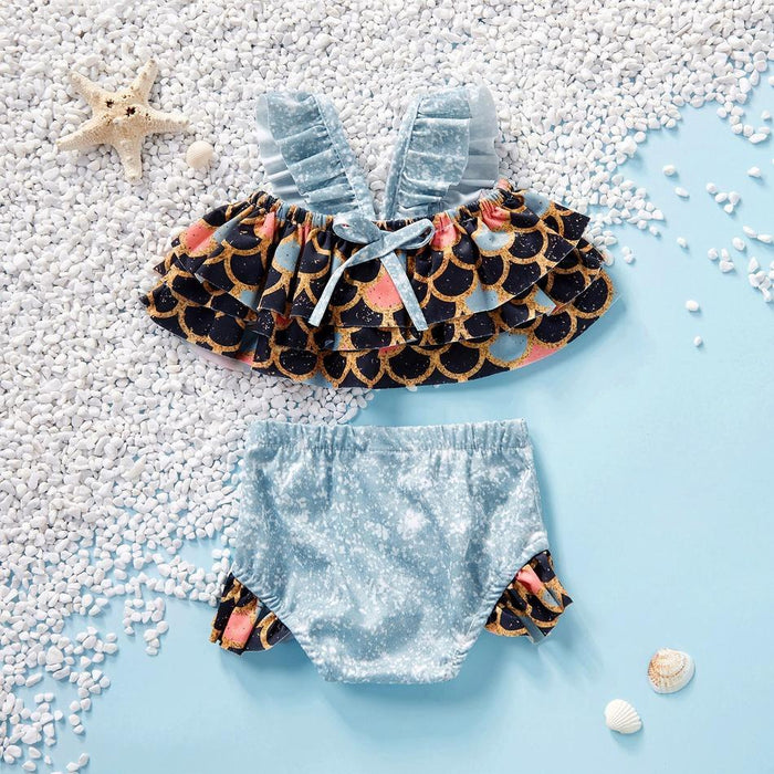 2-piece Baby / Toddler Girl Pretty Mermaid Scale Print Layered Top and Ruffled Bottom Swimsuit Set