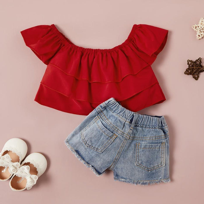Baby Girl Sweet Solid Top and Denim Shorts Set