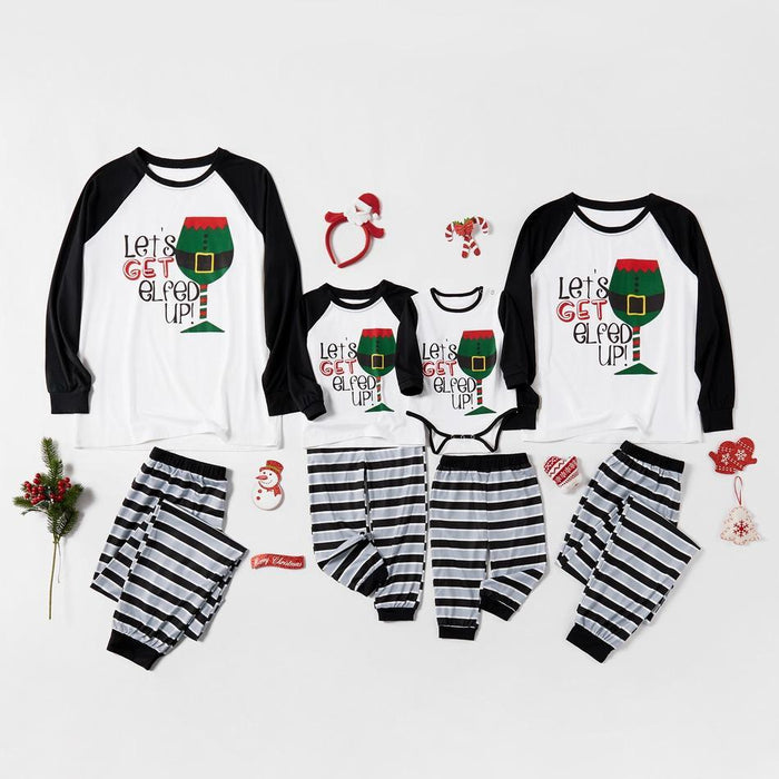 Let's Get Elfed Up Christmas Glass Top and Striped Pants Family Matching Pajamas Set