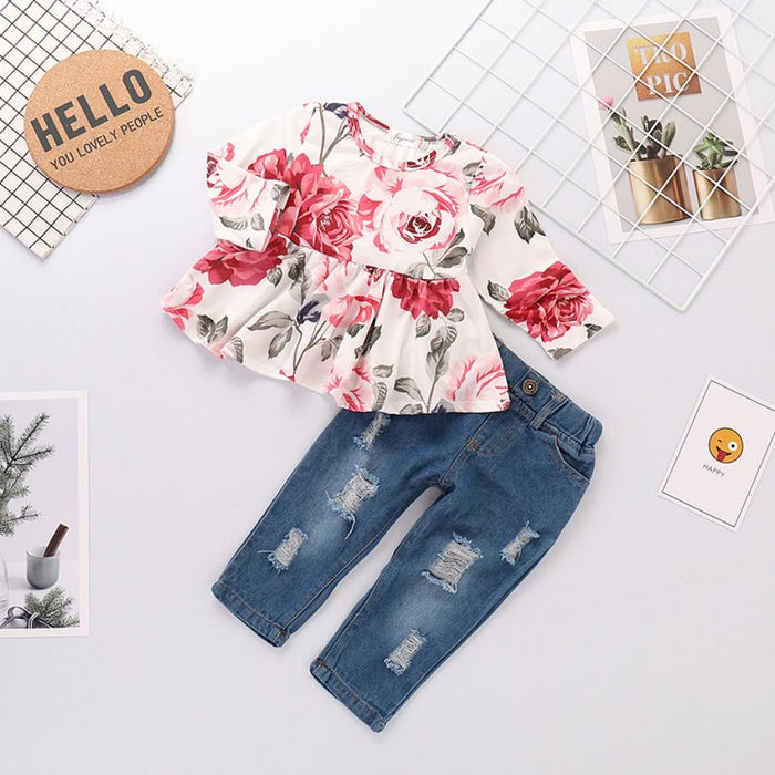 Fresh Floral Short-sleeve Top and Jeans Set