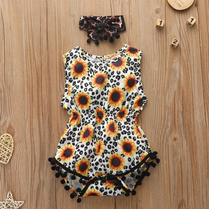 Mamelucos con estampado de leopardo y girasol para bebé de 2 piezas con diadema