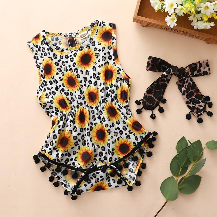 2-piece Baby Sunflower Leopard Print Rompers with Headband