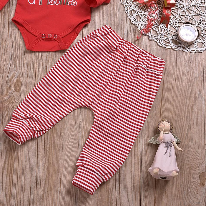 3-piece Baby MY 1ST CHRISTMAS Embroidery Bodysuit and Striped Pants with Hat Set