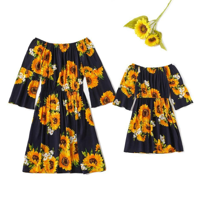 One Shoulder Sunflower Print Matching Dresses
