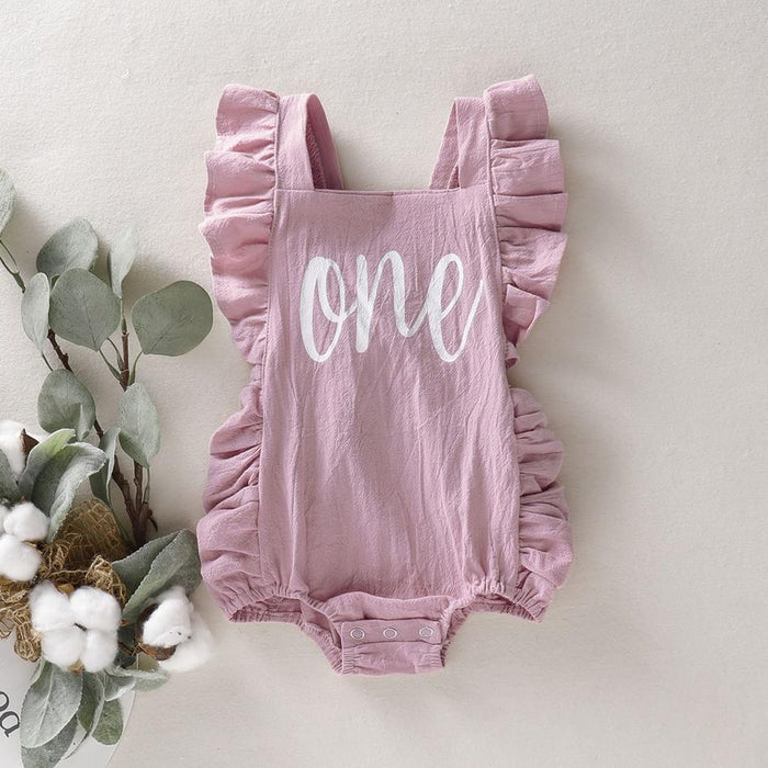 Baby Girl Letter Print Flutter-sleeve Ruffled Solid Bodysuit