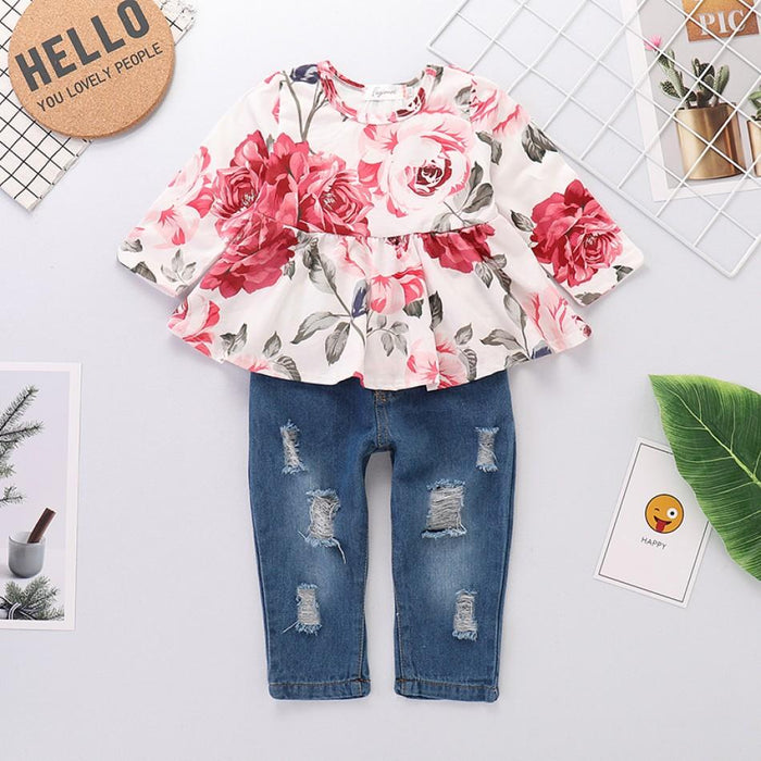 Fresh Floral Short-sleeve Top and Jeans Set