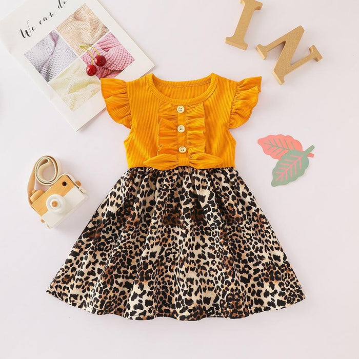 Baby Sweet Solid Splice Leopard Print Dress