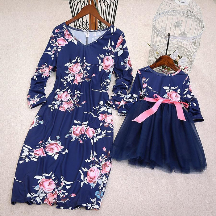 Printed Long-sleeve Matching Dresses