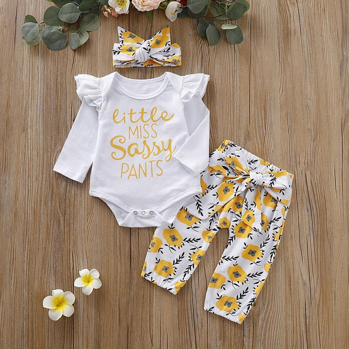 3-piece Baby Girl LITTLE MISS SASSY PANTS Print Bodysuit and Floral Belted Pants with Headband Set